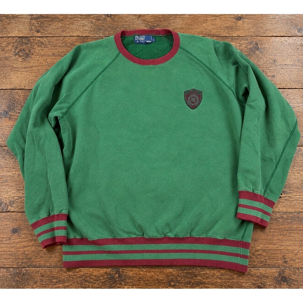 Vintage 90s Polo Ralph Lauren Crest Sweatshirt L Green Hong Kong Striped